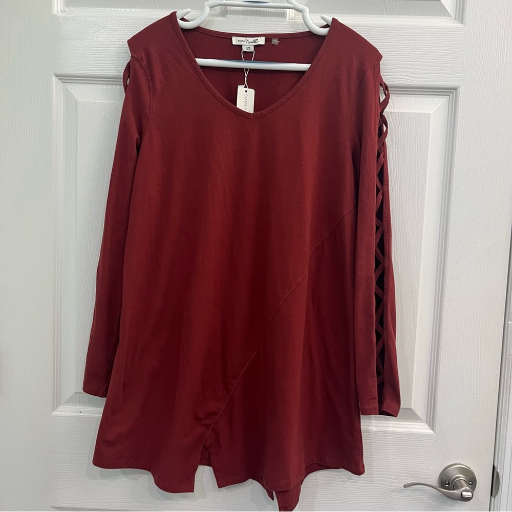 NWT Simply Noelle Rusty Red Orange Lace Lattice Sleeves Womens Tunic Shirt Dress - Picture 1 of 8